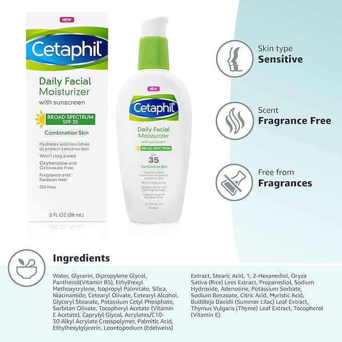 Cetaphil Face Moisturizer, Daily Oil Free Facial Moisturizer with SPF 35, For Dry or Oily Combination Sensitive Skin, Fragrance Free Face Lotion (Pack of 12)
