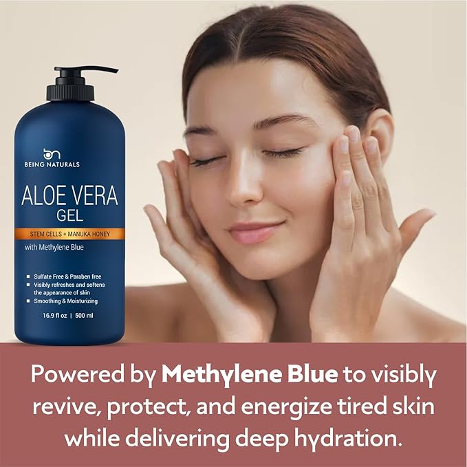 Aloe vera Gel - from 100% Pure Organic Aloe Infused with Manuka Honey, Stem Cell, Methylene Blue - Natural Raw Moisturizer for Face, Body, Hair. Perfect for Sunburn, Acne, Razor Bumps 16.9 fl oz