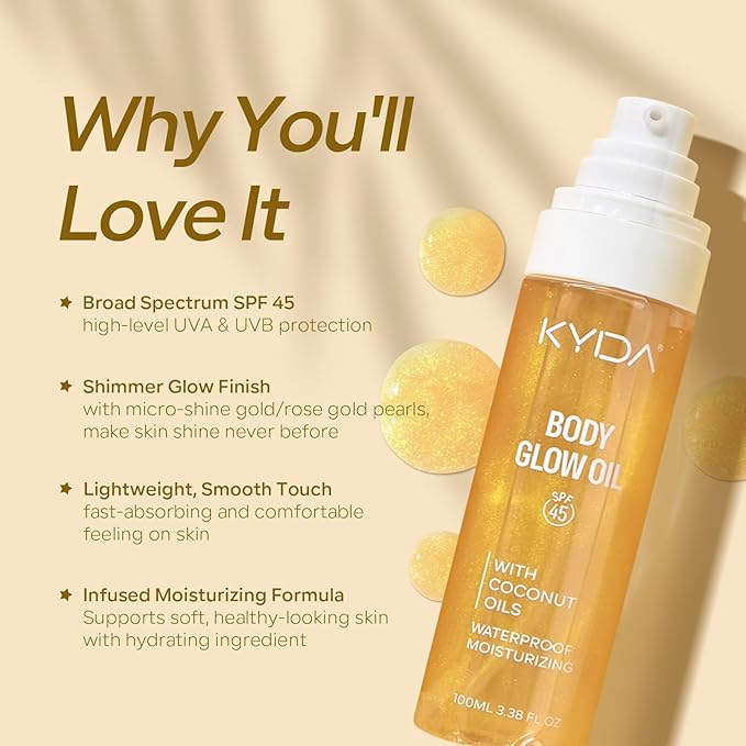 KYDA Travel Size Sunscreen,SPF 45 Sunscreen Spf Body Oil with Gold Mica, Sun-kissed Glow Skin Illuminator, Moisturizing Coconuts Summer Sunscreen,Water Resistant, 3.38 fl oz, GOLD