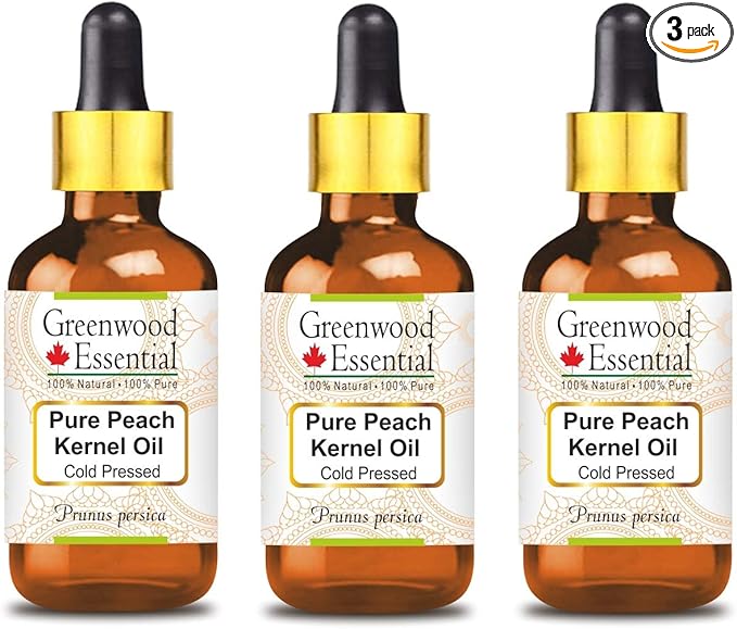 Greenwood Essential Pure Peach Kernel Oil (Prunus persica) with Glass Dropper Cold Pressed (Pack of Three) 100ml X 3 (10 oz)