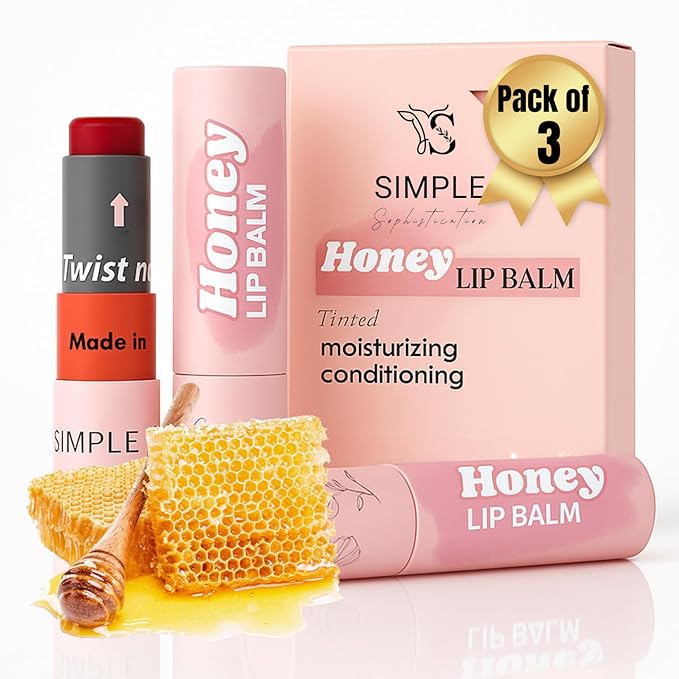 Natural Honey Lip Balm - 100% Grassfed Beef Tallow, Natural Raw Honey & Argan Oil - Ultra Moisturizing, Conditioning, Chemical Free - 3 Pack (3x0.15 oz) Tinted