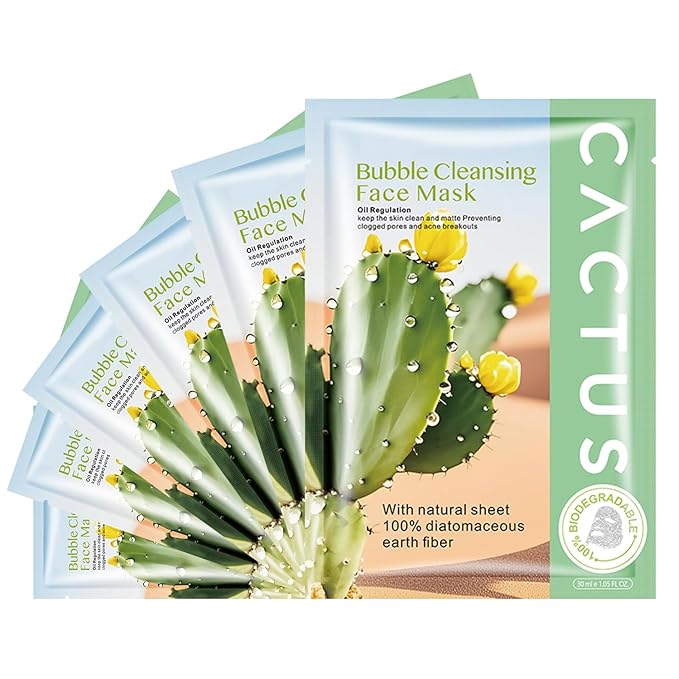 Cactus O2 Bubble Face Masks Sheet for Women,Deep Cleaning Bubble Masks Oil Control Purifying,Home Spa Facial Sheet Mask For All The Skin（6Pack）