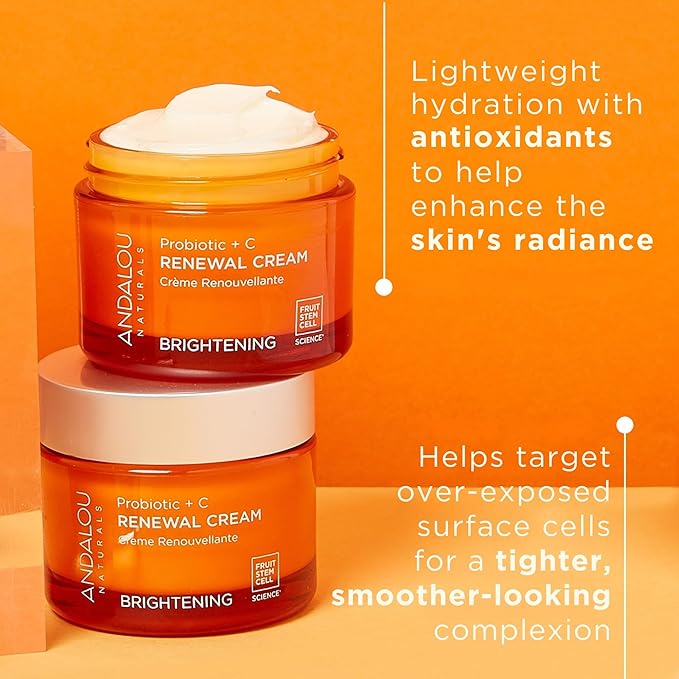 Andalou Naturals Probiotic + Vitamin C Renewal Cream - Complexion Enhancing Hydrating Face Moisturizer - Helps Promote Firmer Skin & More Even Tone - Lightweight, Non-Greasy Formula - 1.7 Oz