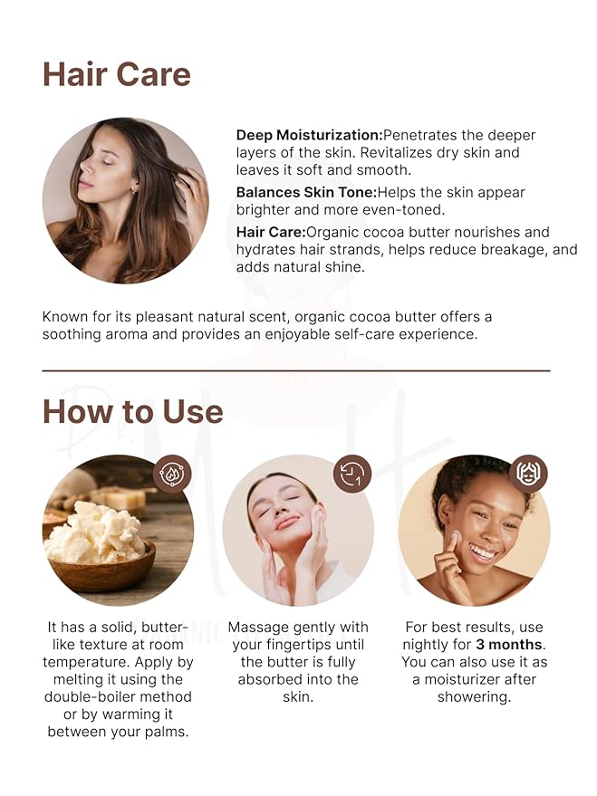 Organic Raw Cocoa Butter | 100% Pure,Natural & Unrefined, 3,53 oz, for Skin and Hair Care