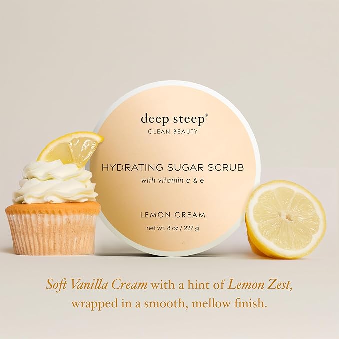 Deep Steep Sugar Scrub, Lemon Cream, 8 oz – Exfoliating Body Scrub with Organic Coconut Oil, Shea Butter & Argan Oil – Vegan, Clean Beauty, Smooth, Soft & Nourished Skin