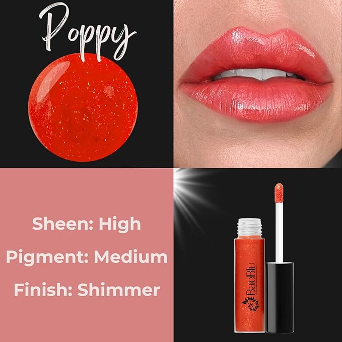BaeBlu Organic Vegan Lip Gloss, 100% Natural Non-Toxic Moisturizing Ingredients, Poppy