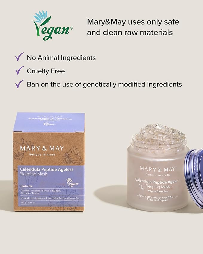 Mary&May Vegan Calendula Peptide Ageless Sleeping Mask (2,200ppm Real Petals + 25 Peptides) – Overnight Hydrating Gel Face Mask with Ceramide & Hyaluronic Acid, Soothing 3.7 fl oz