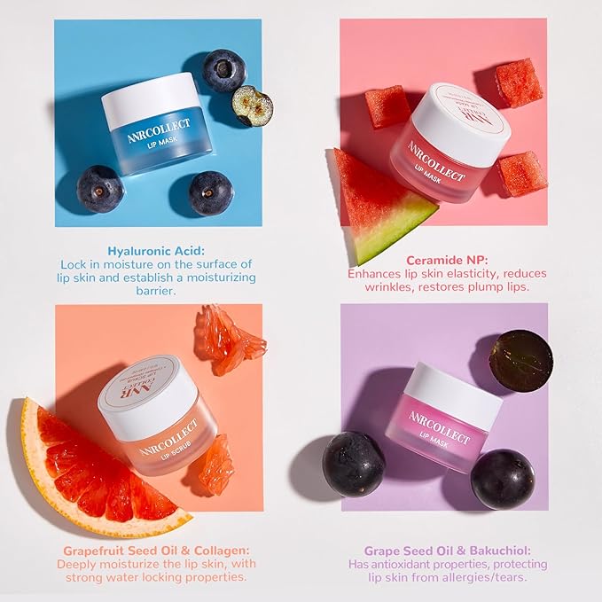 ANRCOLLECT Lip Care Set - Exfoliating Scrub + 3 Overnight Masks for Soft, Hydrated Lips, 4-Pack Gift Set