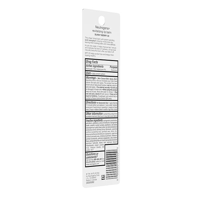 Neutrogena Lip Balm, Revitalizing Moisturizing Tinted SPF 20 | Sunny Berry | Pack of 2 | .15 oz | Soothing