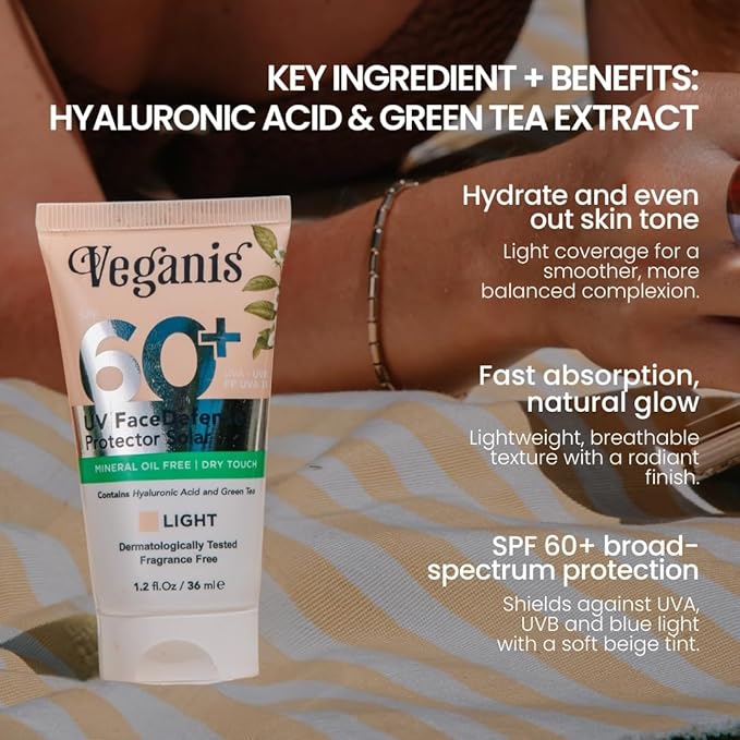 Sunscreen SPF 60 Light Tone – Hyaluronic Acid & Green Tea – Tinted Face Sunscreen for Daily Use – Broad-Spectrum UVA/UVB & Blue-Light Protection – Hydrating Dry-Touch Vegan Formula