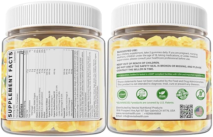 Omega 3-6-7-9 Gummies, Organic Sea Buckthorn Oil 1200MG & Flaxseed Oil 500MG, Vegan Omega 7 Supplement w/Vitamin A, C, E, Fatty Acids, No Fish Taste, Supports Skin, Eye, Immune, Brain Health, 60 Cts