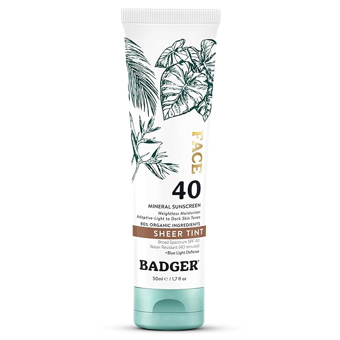 Badger Tinted Sunscreen for Face SPF 40, Lightweight Tinted Mineral Sunscreen w/Sheer Tint Warm Finish for Light or Dark Skin, No White Cast, 80% Organic, Vegan, Water Resistant, Unscented, 1.7 fl oz