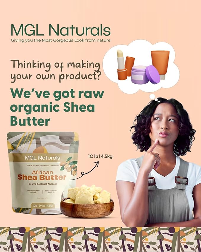 MGL Naturals Raw African Shea Butter Ivory 10 lb, 100% Pure and Unrefined. Nourish and moisturize skin and hair. Use alone or DIY recipes. From Ghana (10 lb)