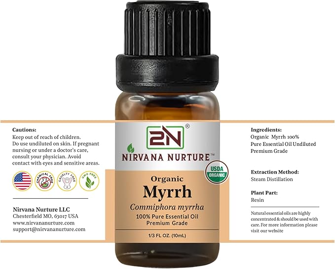 Myrrh Essential Oil, USDA Certified Organic, 100% Pure Undiluted, Aromatherapy Oil for Diffuser, Hair & Skin Care