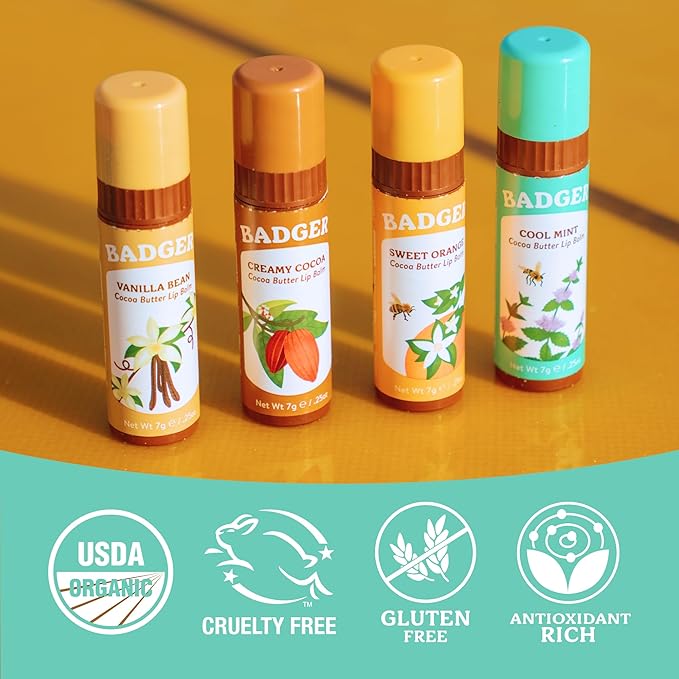 Badger Cool Mint Cocoa Butter Lip Balm, Long Lasting Hydrating Lip Care, 100% Organic Lip Balm, Large Size Stick, 4-pack