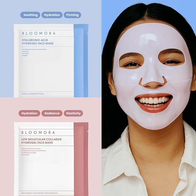 BLOOMORA Hyaluronic Acid & Collagen Face Mask Overnight, Hydrogel Hydrating Facial Mask, Moisturizing & Tightening Low Molecular Solution, Collagen Skincare, Face Care & Self Care for Women 34g*4ea