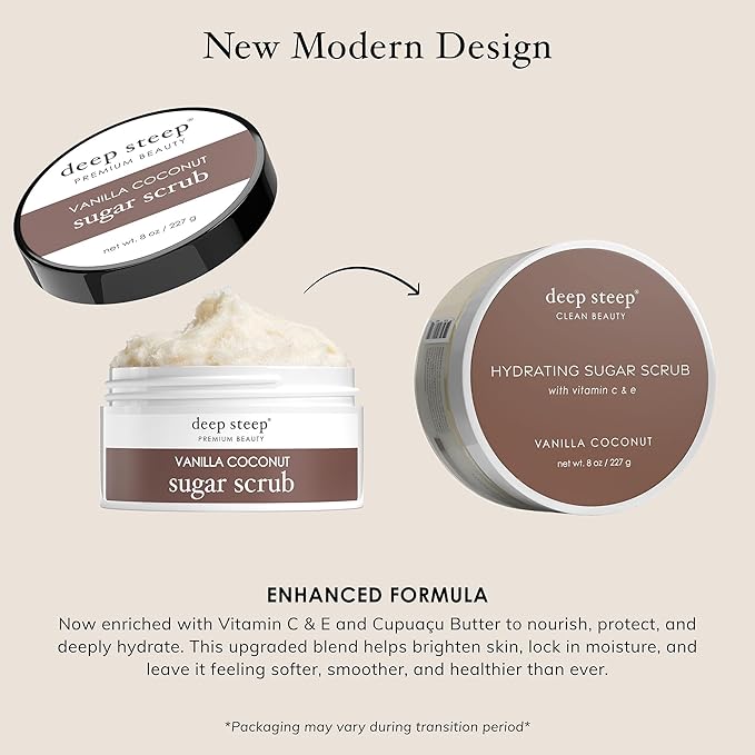 Deep Steep Sugar Scrub, Vanilla Coconut, 8 oz – Exfoliating Body Scrub with Organic Coconut Oil, Shea Butter & Argan Oil – Vegan, Clean Beauty, Smooth, Soft & Nourished Skin