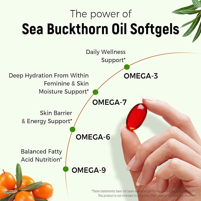 Organic Omega 7 Sea Buckthorn Oil Capsules - Omega 7, 3-6-9 Supplements for Skin, Eye, Hair & Nail Health, Hydration & Wellness Support，USDA-Certified, 30 Softgels, Travel-Friendly