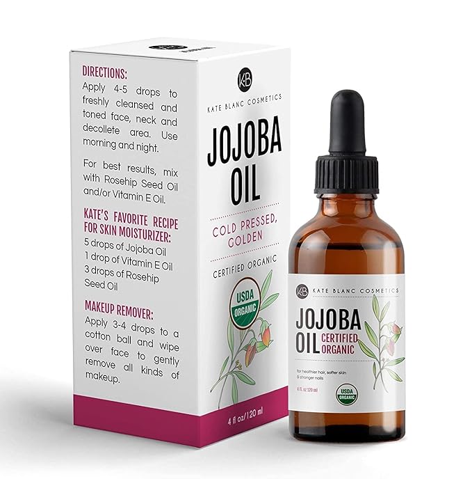 Kate Blanc Cosmetics Jojoba Oil Organic for Hair, Skin & Face (4oz, 100% Pure, Cold Pressed, Natural, Hexane Free, Glass Bottle) (Pack of 2)