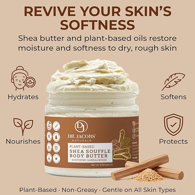 Dr. Jacobs Naturals Shea Soufflé Body Butter for Men and Women - Whipped Shea Butter for Skin Moisture and Softness Without Thick, Greasy Feel - Plant-Based Gentle Formula with Soothing Sandalwood