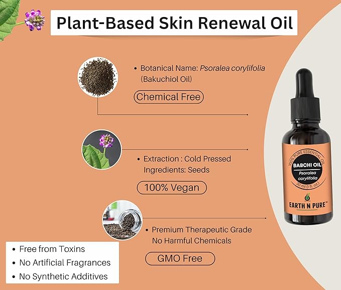 Earth N Pure Babchi Oil (Bakuchi Oil) Cold Pressed, Natural & Therapeutic Grade with Glass Dropper - 50 ml