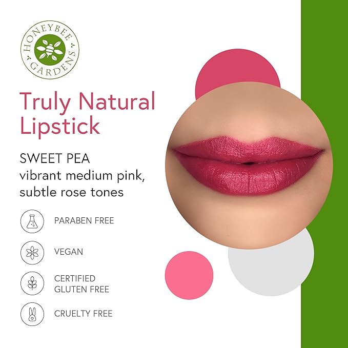 Honeybee Gardens Truly Natural Long Lasting Lipstick, Sweet Pea Lipstick, Vibrant Medium Pink, Naturally Hydrating & Nourishing, Vegan, Gluten-Free & Cruelty-Free, 0.11 oz / 3 g