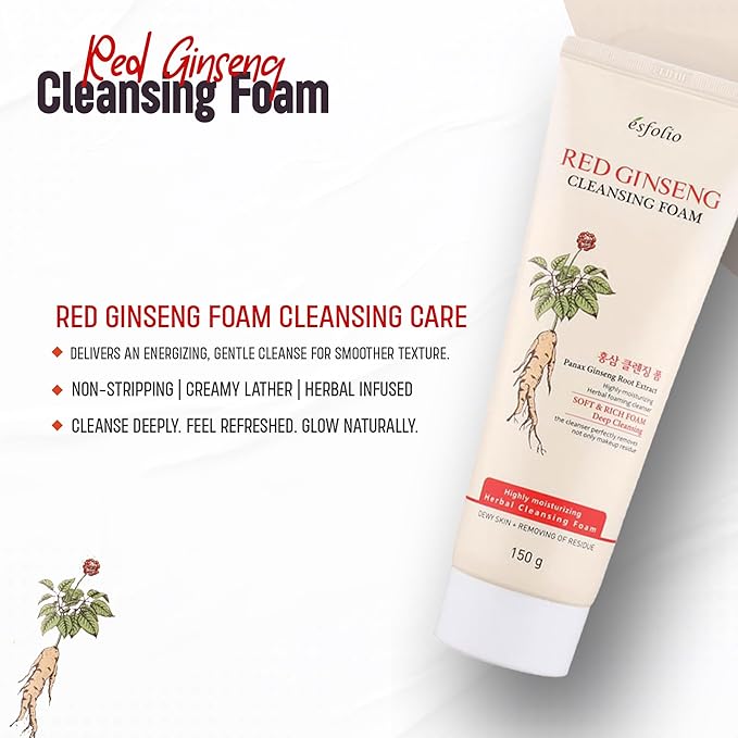 esfolio Red Ginseng Cleansing Foam – Korean Skincare Face Wash with Herbal Extracts – Creamy Daily Cleanser for All Skin Types – Refreshing Foaming Formula – (5.29oz - 150ml)