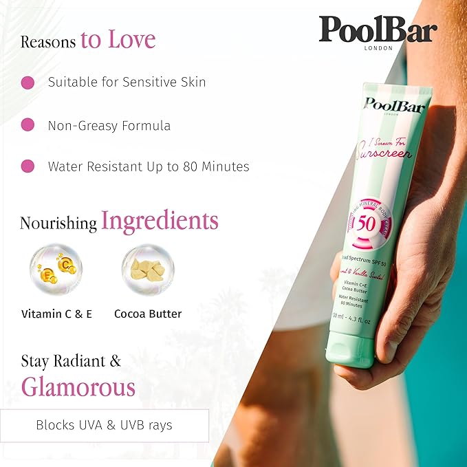 PoolBar SPF 50 Hydrating Mineral Body Sunscreen Cream for Women and Men Skin Care - Coconut Vanilla Scent Sun Care, Vegan and Water Resistant, Broad Spectrum Sunscreen, 130 ml (4.3 Fl. Oz)