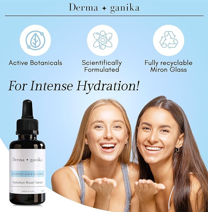 Derma ganika Hyaluronic Acid Serum for Face & Neck - Made in USA Ultra-Hydrating Anti-Aging Serum with Aloe Vera | Softens, Smooths, and Brightens Dry & Sensitive Skin (Pack of 2)