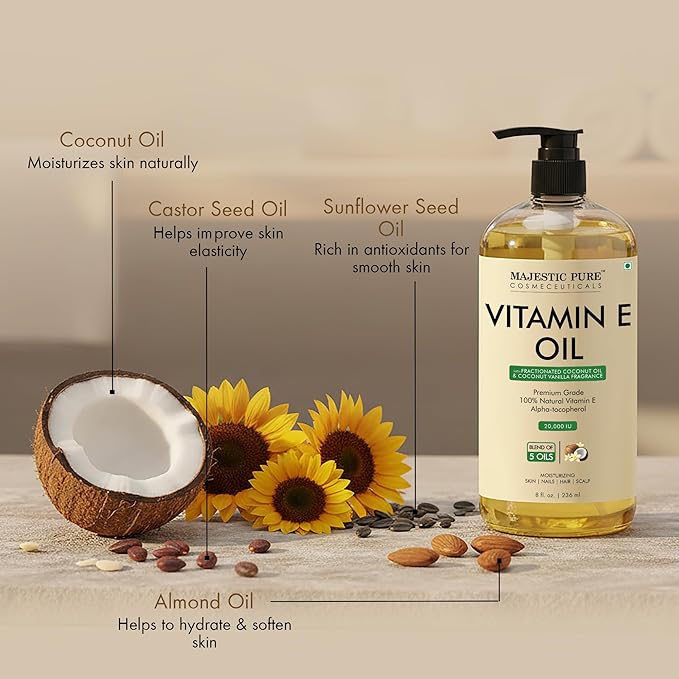 Majestic Pure Coconut & Vanilla Formula Vitamin E Body Oil 8 Fl Oz - 100% Pure and Natural- Cold Pressed & Hexane Free Natural Hair Growth Oil for Eyelashes, Eyebrows, Skin, Body, Face, Nails & Scalp