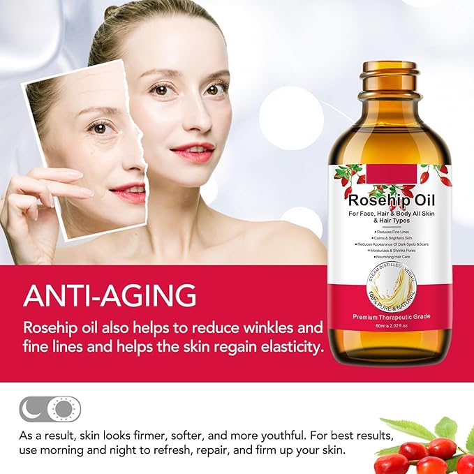 Rosehip Oil for Face, Rose Hip Oil Organic Rosehip Seed Oil 100% Pure Cold Pressed for Anti-Aging, Nourishing Hair Care, Face & Skin (2.02 Fl Oz)