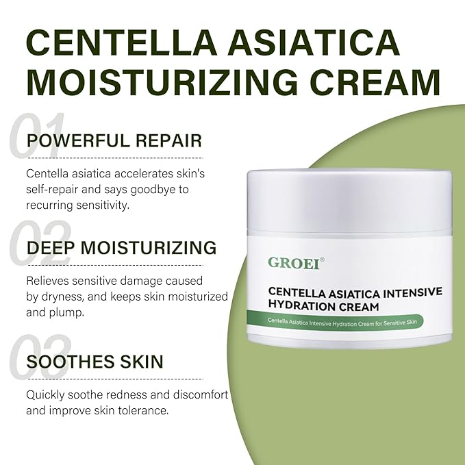Centella Asiatica Intensive Hydration Cream, 85% Natural Ingredients, Long-Lasting Moisturizer for Sensitive & Dry Skin, Face Moisturizer Cream, 50g