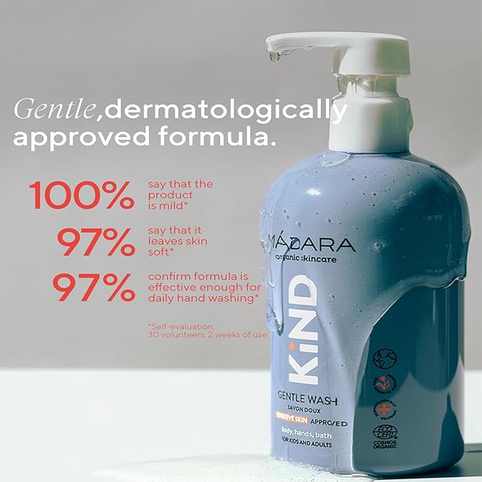 MÁDARA KIND Gentle Body Wash 13.19 oz, Organic Certified Kids Body Wash for Sensitive Skin, Non-Drying Family Body Cleanser with Linseed Extract, Vegan, Dermatologically Tested, No Synthetic Fragrance