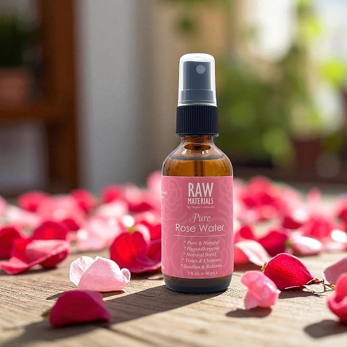 RAW MATERIALS Rose Water Spray - Pure Organic Hydrosol Rose Water Mist Hydrating Facial Toner - Face, Body, Hair - Vegan Beauty Skincare - 2oz Glass Bottle with Fine Mist Sprayer