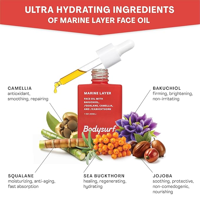 Bodysurf Bakuchiol Face Oil & Serum Alternative - Anti-Aging Facial Oil with Camellia, Seabuckthorn & Jojoba - Hydrating Organic Skincare Faceoil for Radiance & Wrinkles Marine Layer (1oz)