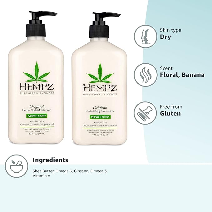 Hempz Original, Natural Hemp Seed Oil Body Moisturizer with Shea Butter & Ginseng, Pure Herbal Skin Lotion for Dryness, Nourishing Vegan Cream, Floral and Banana, 17 Fl Oz, 4 Pack