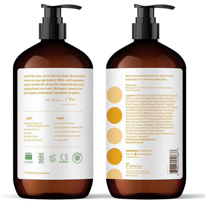 Everyone 2-in-1 Lotion for Hands/Body, 32 ounce (Pack of 1) Coconut and Lemon made with Essential Oils for Men and Women