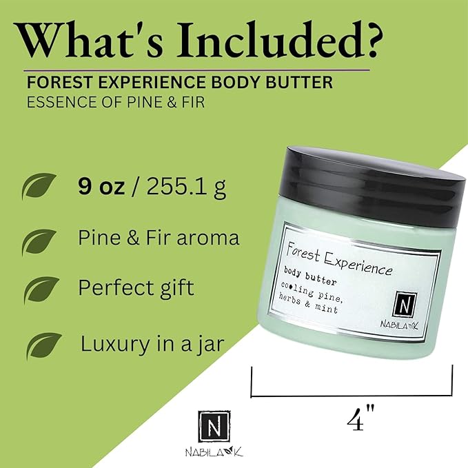 Nabila K Body Butter - Daily Moisturizer for Body Care - Skin Hydrating Deep Moisturizing - Natural Ingredients - Forest Experience - 9 oz