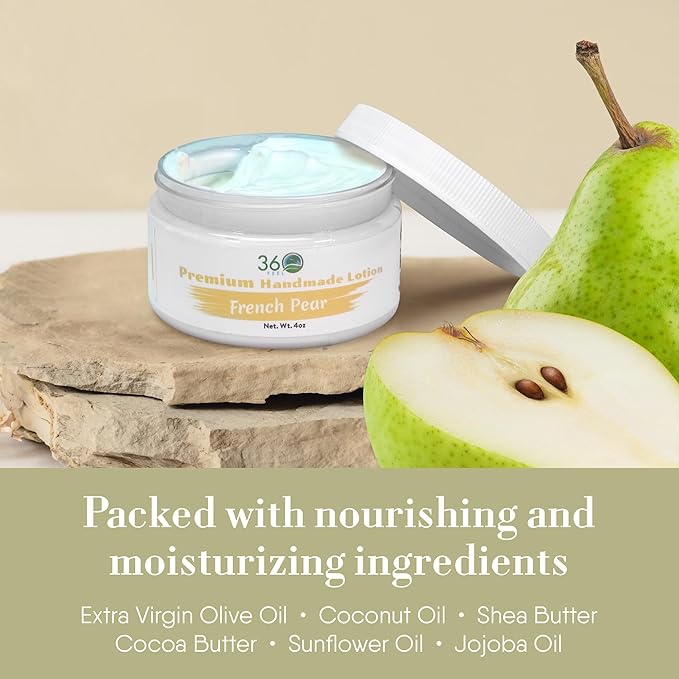 360Feel French Pear Body Lotion - Hydrates with Coconut & Olive Oil, Plant-Based, Non-Greasy, Sensitive Skin, All Day Use