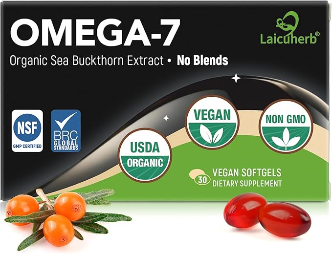 Organic Omega 7 Sea Buckthorn Oil Capsules - Omega 7, 3-6-9 Supplements for Skin, Eye, Hair & Nail Health, Hydration & Wellness Support，USDA-Certified, 30 Softgels, Travel-Friendly