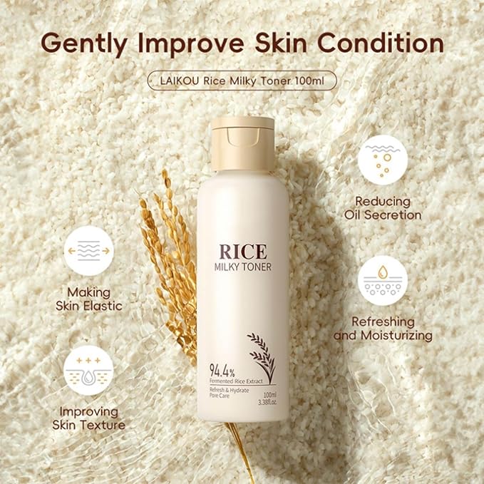 Rice Toner, Natural Rice Essence, Deep Hydration, Refreshing Texture and Non-Sticky, Suitable for All Skin Types, Replenishes Water to The Skin.
