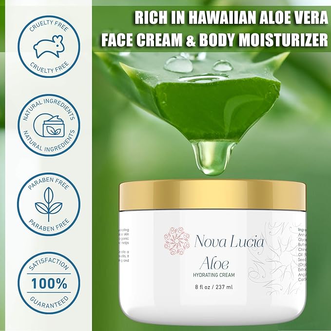 Aloe Vera Cream for Skin – Soothing Moisturizer for Dry, Itchy, or Sensitive Skin, Sunburn Relief, Hydrating Face & Body Cream, Non-Greasy, Fragrance-Free