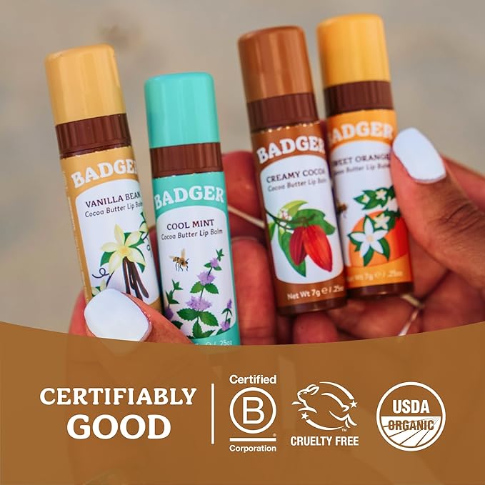 Badger Cocoa Butter Lip Balm Set, 100% Organic, Long Lasting Lip Moisturizers, Lip Care Variety Pack (Cocoa, Orange, Mint & Vanilla), All Natural Lip Balms, 4-pack