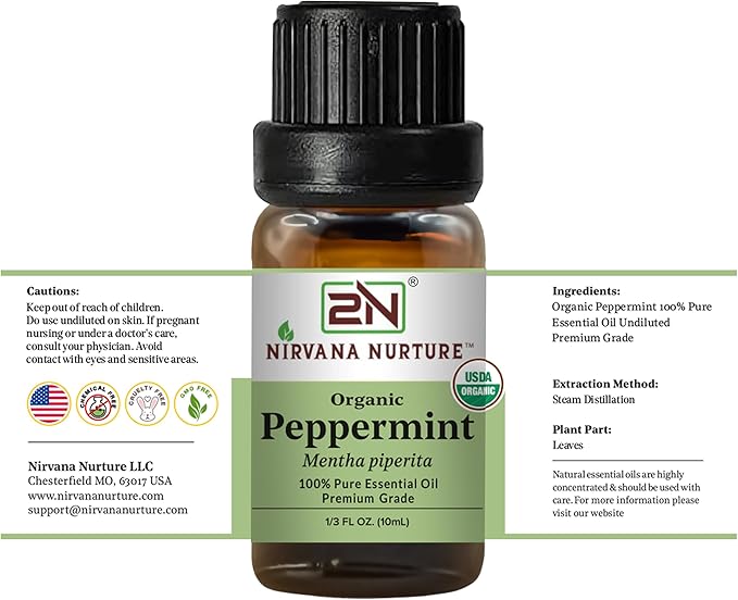 Peppermint Essential Oil, USDA Certified Organic, 100% Pure Undiluted, Aromatherapy Oil for Diffuser, Hair & Skin Care