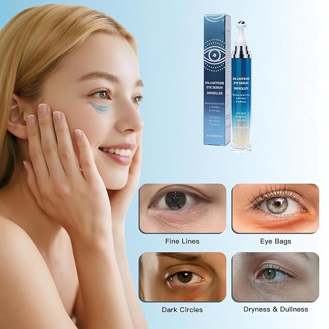 Caffeine Retinol Eye Cream, Under Eye Cream and Eye Serum for Dark Circles, Puffiness, Eye Bags, Wrinkles and Fine Lines with 360° Roller Massage Ball – 0.5 fl oz / 15ml