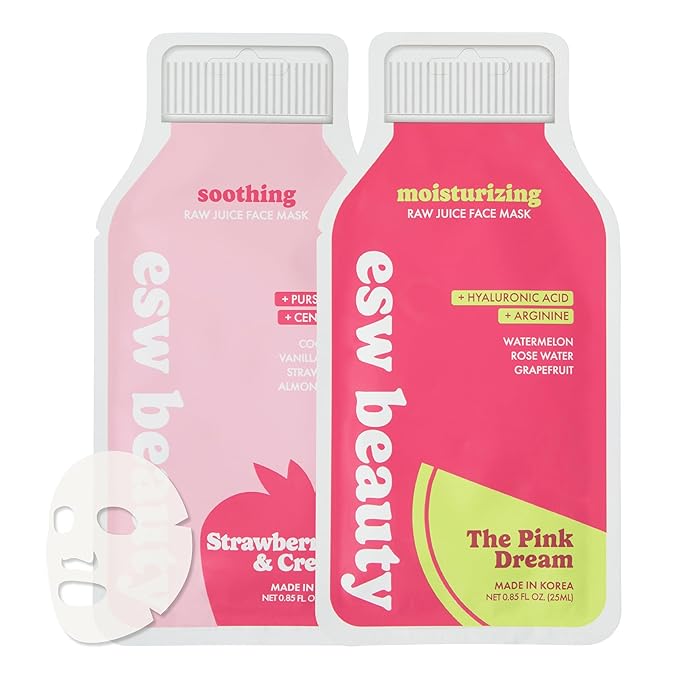 ESW Beauty Hydrating & Soothing Face Masks - 2-Pack Raw Juice Sheet Mask Set - Calming & Moisturizing Skincare Set - Includes Strawberries & Cream & The Pink Dream
