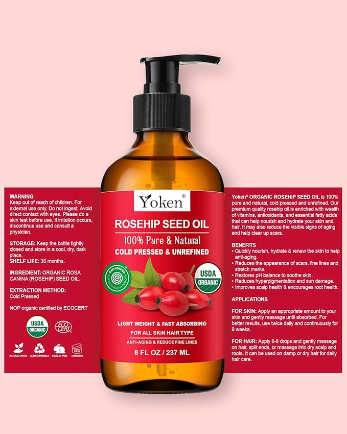 Yoken Rosehip Seed Oil Organic, USDA Certified 100% Pure Rosehip Oils for Skin & Hair, 8 fl oz Cold Pressed Rose Hip Oil for Full Body Care, Moisturizing, Gua Sha, Massage, Carrier Oil
