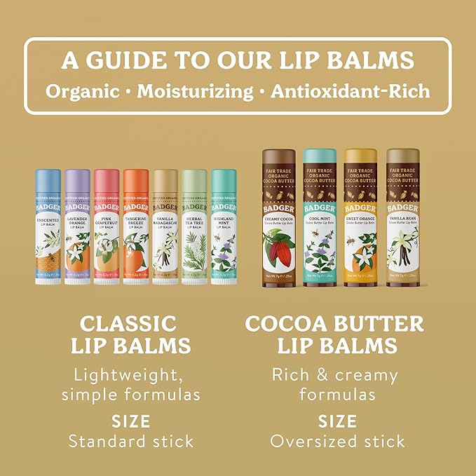 Badger Vanilla Madagascar Classic Lip Balm, 100% Organic Lip Balm, Long Lasting Lip Care w/Light Silky Texture, Comforting & Relaxing, 4 Pack