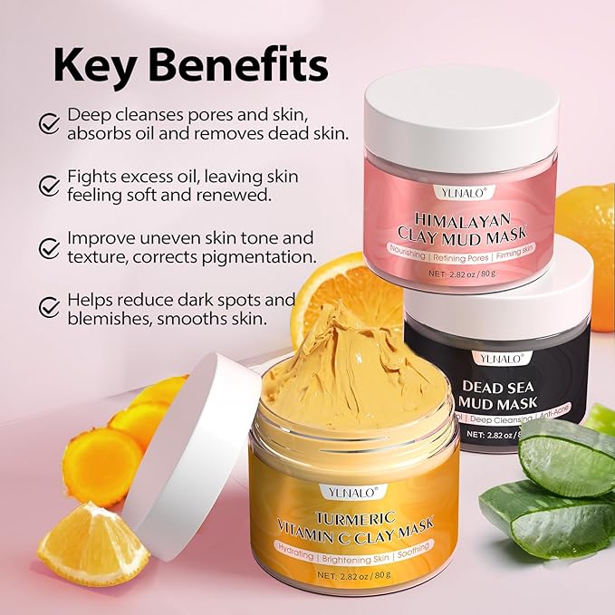 YLNALO Easter Gifts 3 Pcs Clay Facial Mask Set - Turmeric Vitamin C, Dead Sea and Himalayan Clay Skin Care Mask for Deep Cleansing, Moisturizing, and Refining Pores, Spa Facial Mask Set