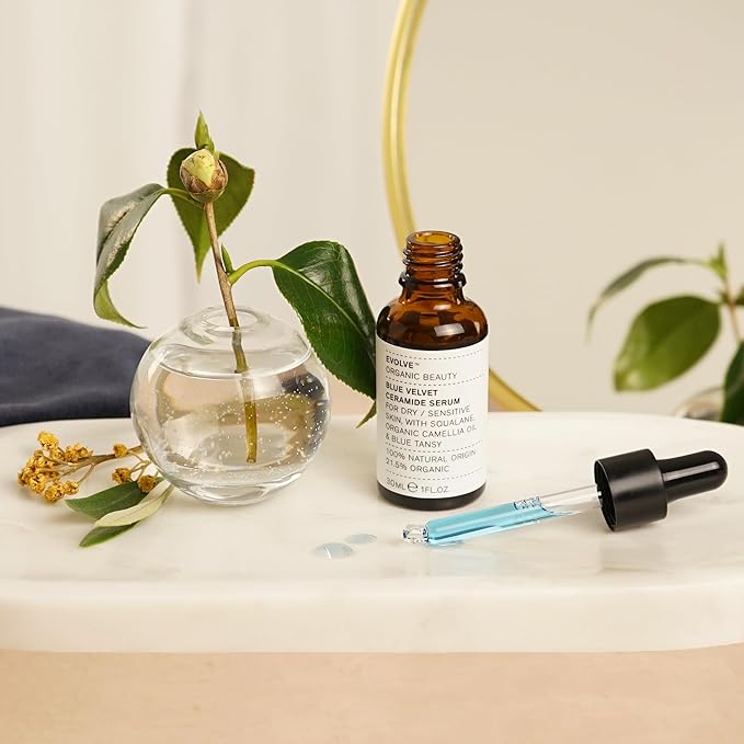Evolve Organic Beauty - Blue Velvet Ceramide Serum | Hydrate, Nourish, Soothe | Plant-Based Squalane Oil, Camellia Oil, Blue Tansy | Small Batch, Vegan Clean Beauty (1 fl oz | 30 ml) Package May Vary